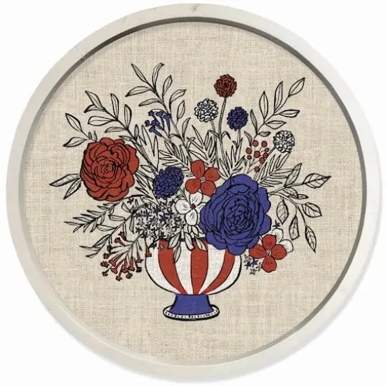 20" x 20" Red, White & Blue Florals Round Framed Print {1}