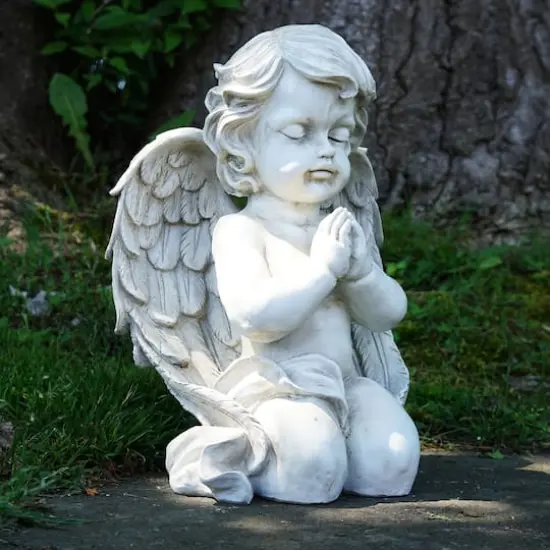 13.5" Gray Kneeling Praying Cherub Angel Outdoor Statue {3}