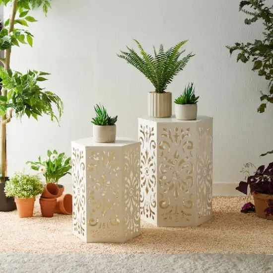 Glitzhome&reg; White Floral Motif Hexagonal Garden Stool Set {4}