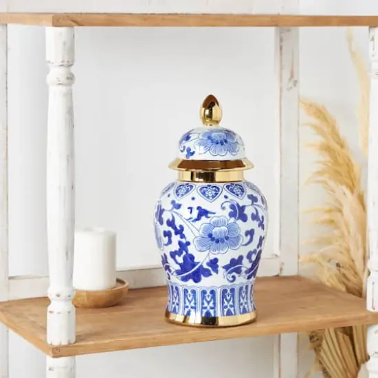 14" Blue Ceramic Floral Decorative Jar {3}