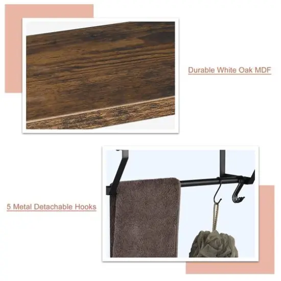 2-Layer Wall Mounted Rustic Shelves with Iron Towel Bar Brown {6}