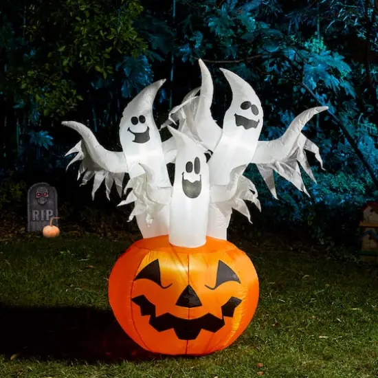 Glitzhome&reg; 6ft. Lighted 3 Ghosts In Jack-O'-Lantern Pumpkin with Scream Inflatable D&eacute;cor {5}