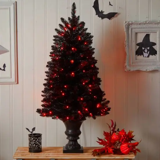 4ft. Black Artificial Halloween Tree in Urn, Orange LED Lights {8}