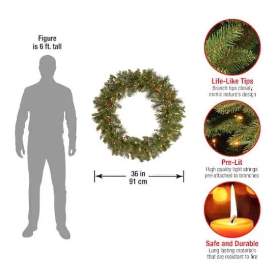 36" Crestwood Spruce Wreath with Silver Bristle, Cones, Red Berries & Glitter with 200ct. Clear Lights {5}