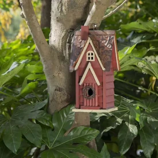 Glitzhome&reg; 12" Hanging Distressed Red Cottage Solid Wood Birdhouse {3}