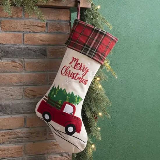 Glitzhome&reg; 21" Embroidered Red Truck Linen Christmas Stocking {3}