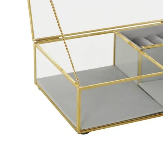 9" x 6" x 3" Clear & Gold Glass & Metal Jewelry Box with Chain Accent & Fabric Ring Slots {6}