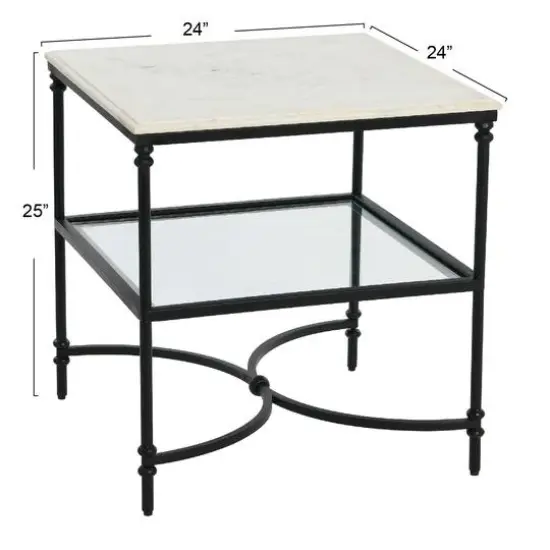 Hello Honey&reg; 25" Libertine Genuine Marble and Metal End Table with Glass Storage Shelf Black Finish {8}