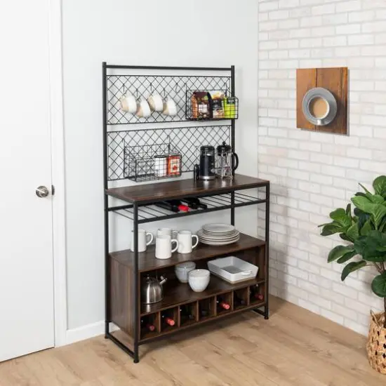 Honey Can Do Black & Walnut Multi-Purpose Kitchen Bakers Rack With Wine Storage {9}