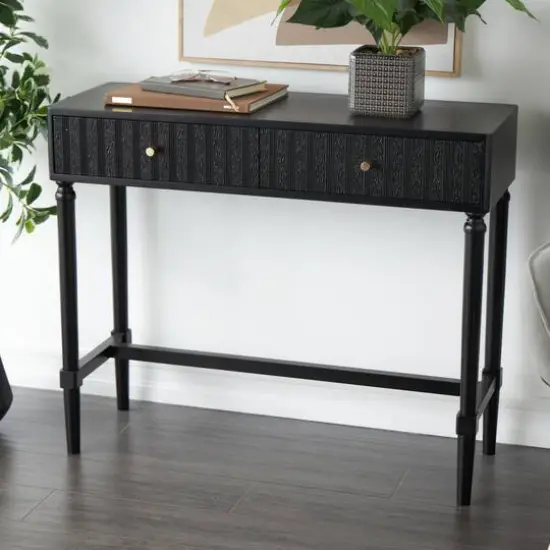 35.5" Black Wood Handmade 2-Drawer Console Table with Gold Handles {9}