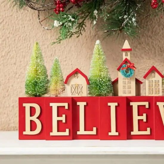 Glitzhome&reg; 14" Christmas Believe House & Brush Trees Table D&eacute;cor {5}