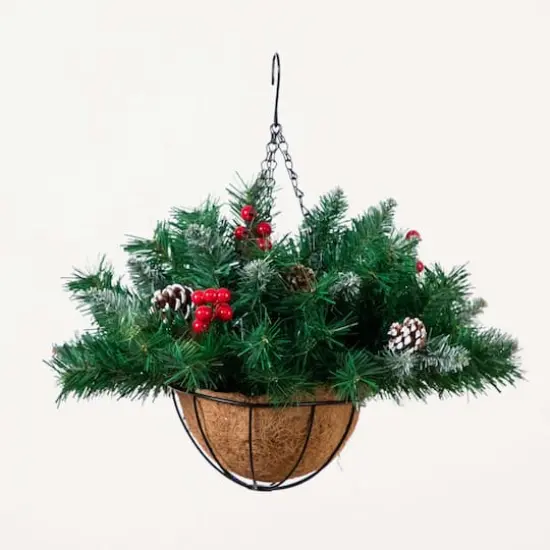 16" Artificial Pine & Berry Warm White LED Pre-Lit Hanging Basket {6}