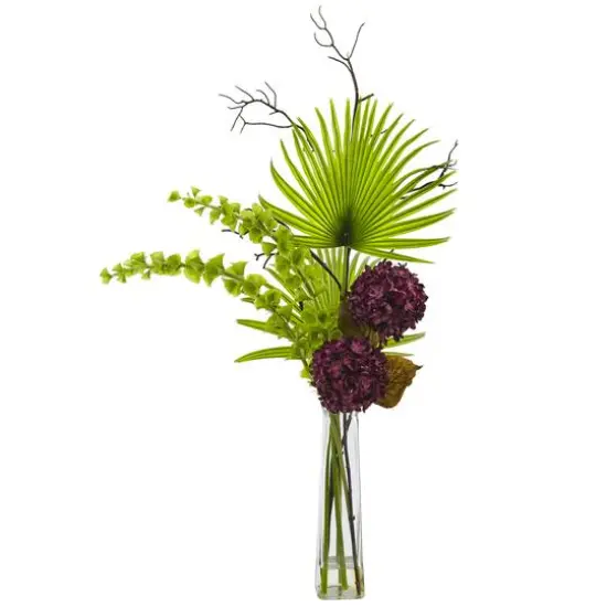 Hydrangea, Bells Of Ireland and Palm Frond Arrangement in Glass Vase {1}