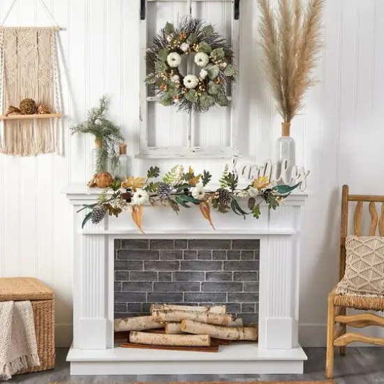 22" Autumn Green Pumpkin, Cotton & Berries Fall Wreath {5}