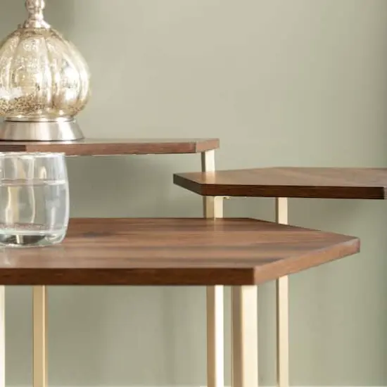 Walker Edison Dark Walnut/Gold Hexagon Modern Nesting Tables Set {5}