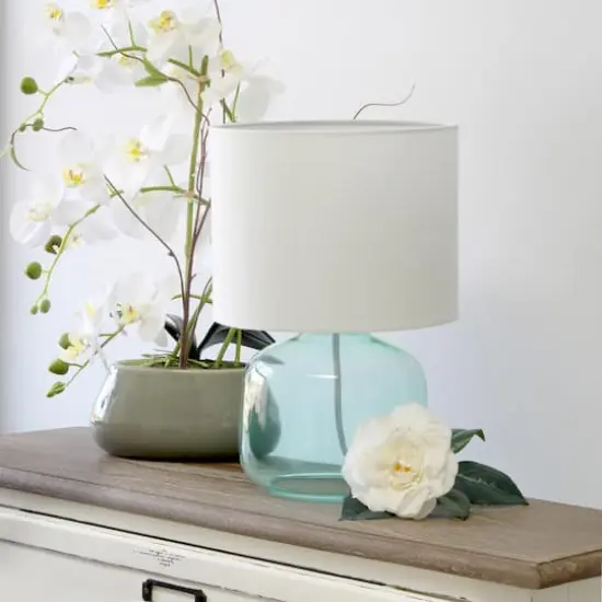 Simple Designs 14" Glass Table Lamp with White Fabric Shade Aqua/White {5}