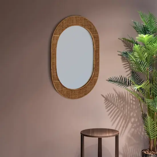 Hello Honey&reg; 30" Natural Brown Oval Bamboo & Rattan Framed Wall Mirror {3}