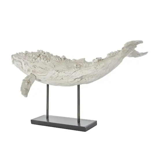 32" Cream Polystone Whale Sculpture with Brown Distressing & Black Metal Stand {4}