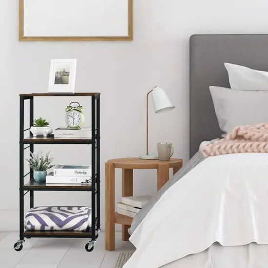 Rustic Brown 4-Tier Utility Cart Rolling Kitchen Storage Cart Wood Top {7}