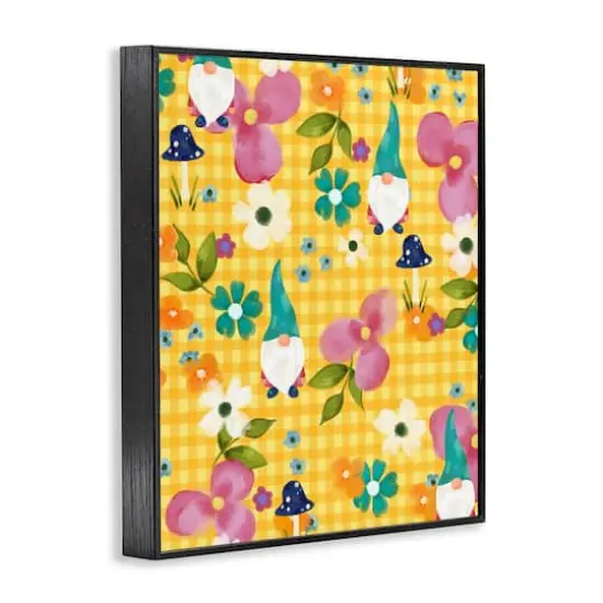 Stupell Industries Yellow Tartan Patterned Spring Gnomes Mushrooms Framed Giclee Art Black {4}