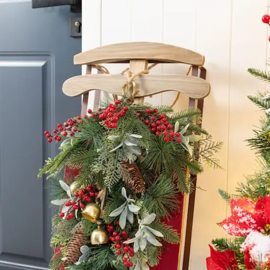 Glitzhome&reg; 34.25"&nbsp;Wooden Christmas Red Sleigh Porch Decor {7}