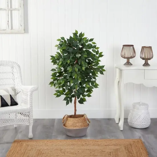 4ft. Ficus Artificial Tree in Boho Chic Handmade Cotton & Jute Gray Woven Planter {4}