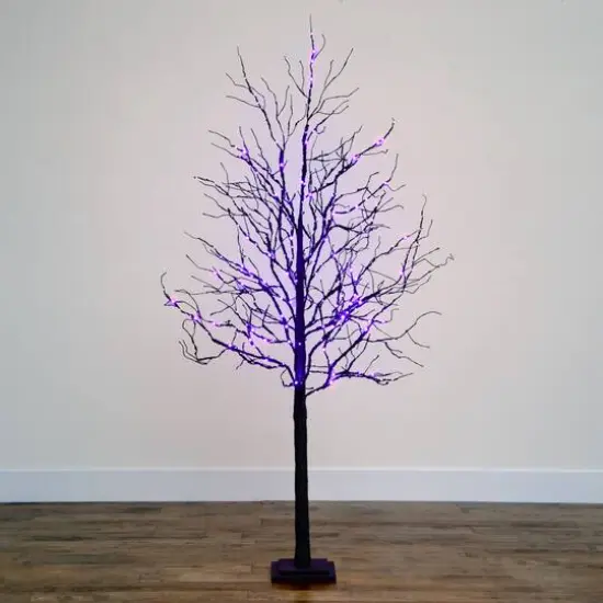 6ft. Orange & Purple LED Pre-Lit Halloween Deluxe Black Twig Artificial Fall Tree {12}