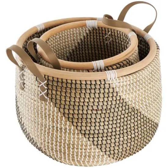 Brown Round Seagrass Handmade Striped Storage Basket Set {7}