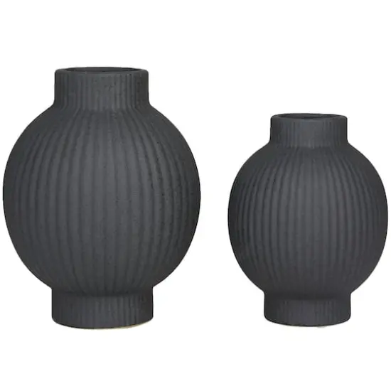 CosmoLiving by Cosmopolitan Black Ceramic Ribbed Vase Set of 2 11", 9" {1}
