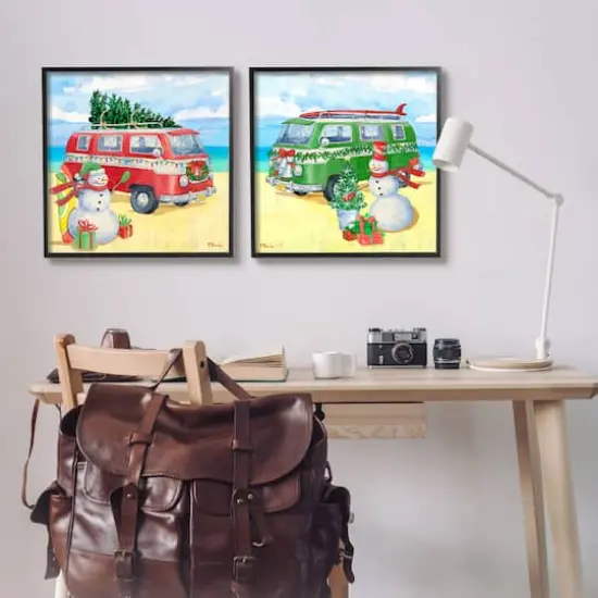 Stupell Industries Coastal Christmas Holiday Beach Snowmen 2 Piece Framed Giclee Art Set Black {3}