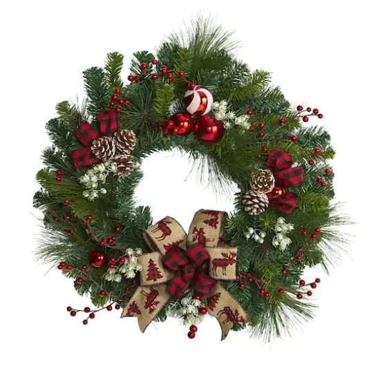 24in. Christmas Pine, Pinecone & Ornaments Wreath {1}
