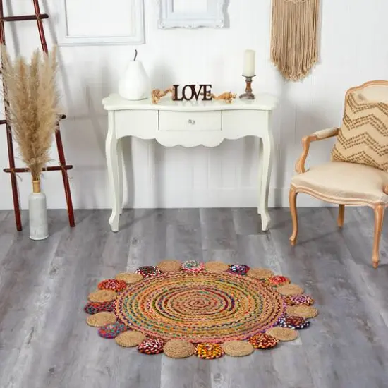 4ft. x 4ft. Hand Braided Colorful Chindi Jute Mandala Round Rug {4}
