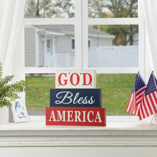 Glitzhome&reg; 12" LED Wooden Patriotic Block Sign {4}