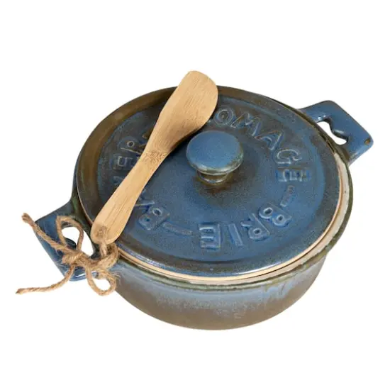 Hello Honey&reg; Blue Stoneware Brie Bakers with Bamboo Spreader, 2ct. {1}