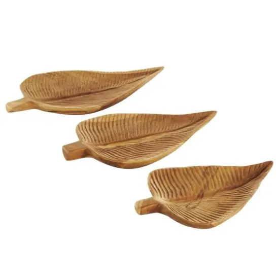 Brown Teak Wood Leaf Handmade Carved Texture Tray Set {1}