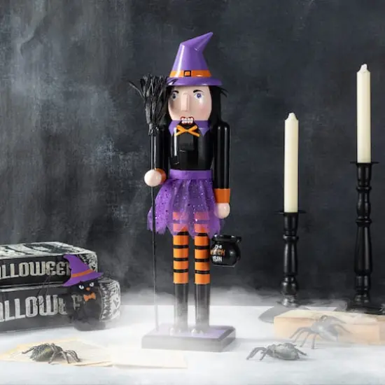Glitzhome&reg; 18.5"H Halloween Wooden Witch Nutcracker with Witch Cat Ornament {3}