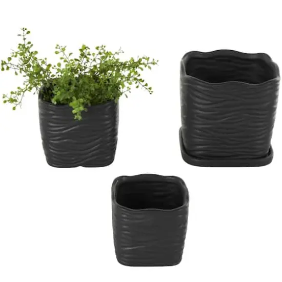 Black Wavy Ribbed Ceramic Planter Set {1}