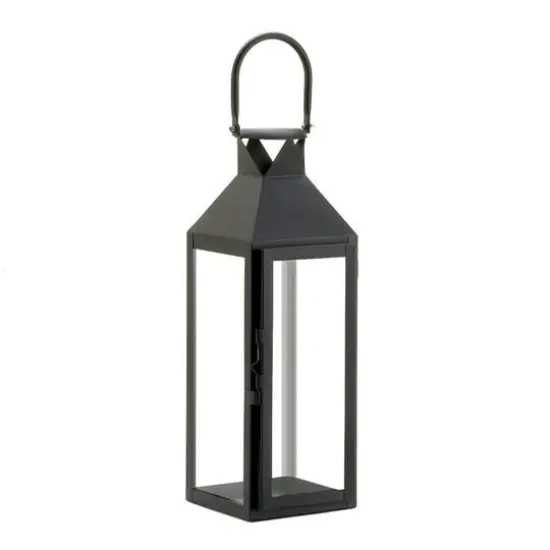 15" Sleek Black Metal Manhattan Candle Lantern with Handle {1}