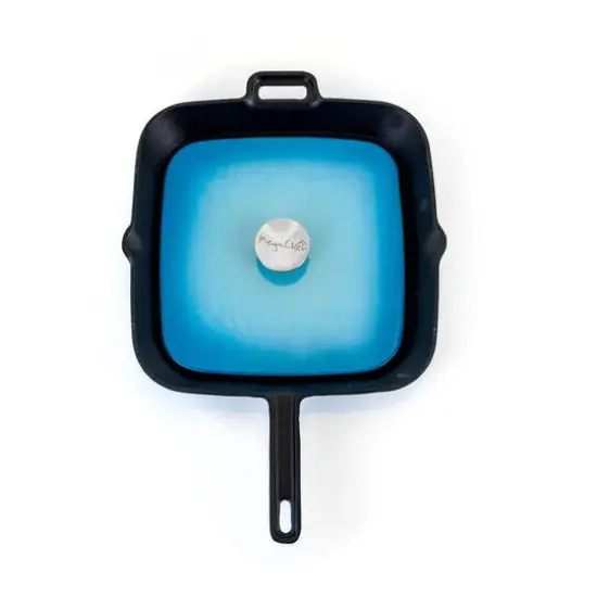 MegaChef 11" Square Blue Enamel Cast Iron Grill Pan with Matching Grill Press {11}