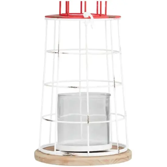 15" Red Metal Distressed Decorative Light House Candle Lantern {5}