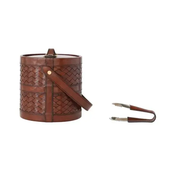 Hello Honey 2.5 Quart Reclaimed Wood, Woven Leather and Removable Stainless Steel Ice Bucket with Handle and Tongs, Cognac Color {5}
