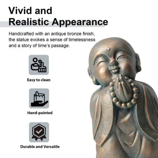 Glitzhome&reg; 16.5" Faux Bronze Little Buddha Monk Garden Statue {7}