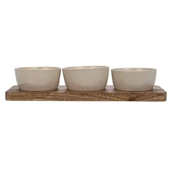 Hello Honey&reg; Cream Stoneware Bowls & Natural Mango Wood Tray Set {9}