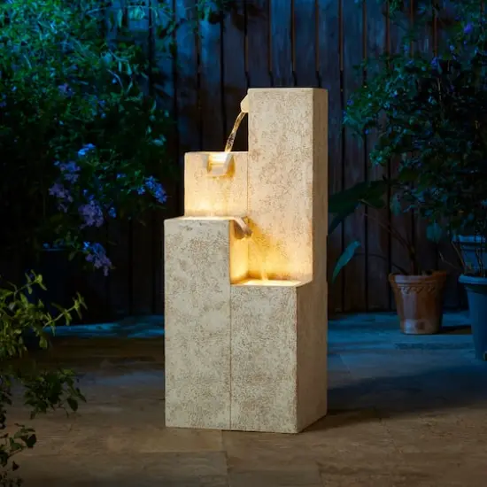 Glitzhome&reg; 34" 4-Tier Faux Terrazzo Geometric Square Column Outdoor Fountain with LED Light {4}