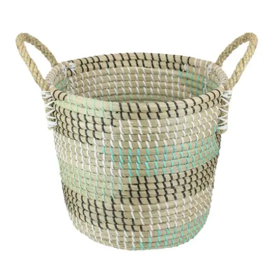 12" Natural Woven Seagrass Basket with Teal, Black & White Accents {3}