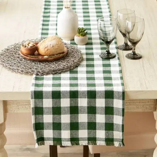 DII&reg; 108" Heavyweight Check Fringed Table Runner Hunter Green {5}