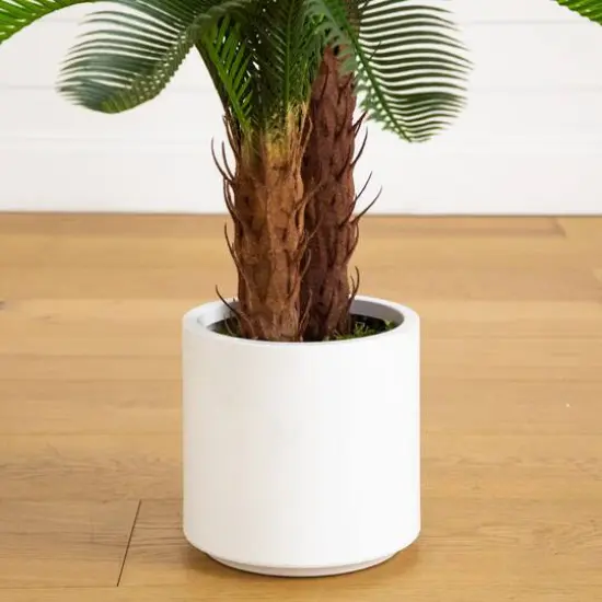 40in. UV Resistant Artificial Double Cycas Palm Tree in White Decorative Planter (Indoor/Outdoor) {7}