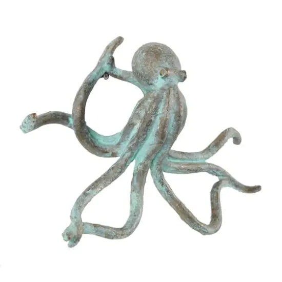 12" Blue Polystone Octopus Distressed Patina Sculpture with Gold Foil Accents {5}