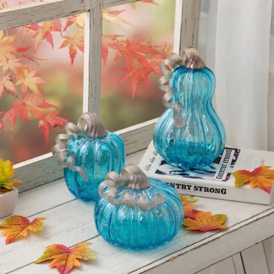 Glitzhome&reg; Blue Glass Pumpkin Set {12}