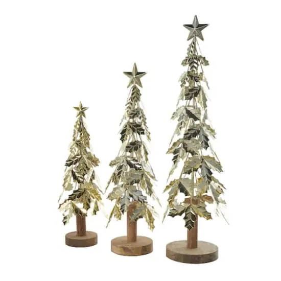 Gold Metal Layered Holly Leaf Christmas Tree Sculpture Set {4}